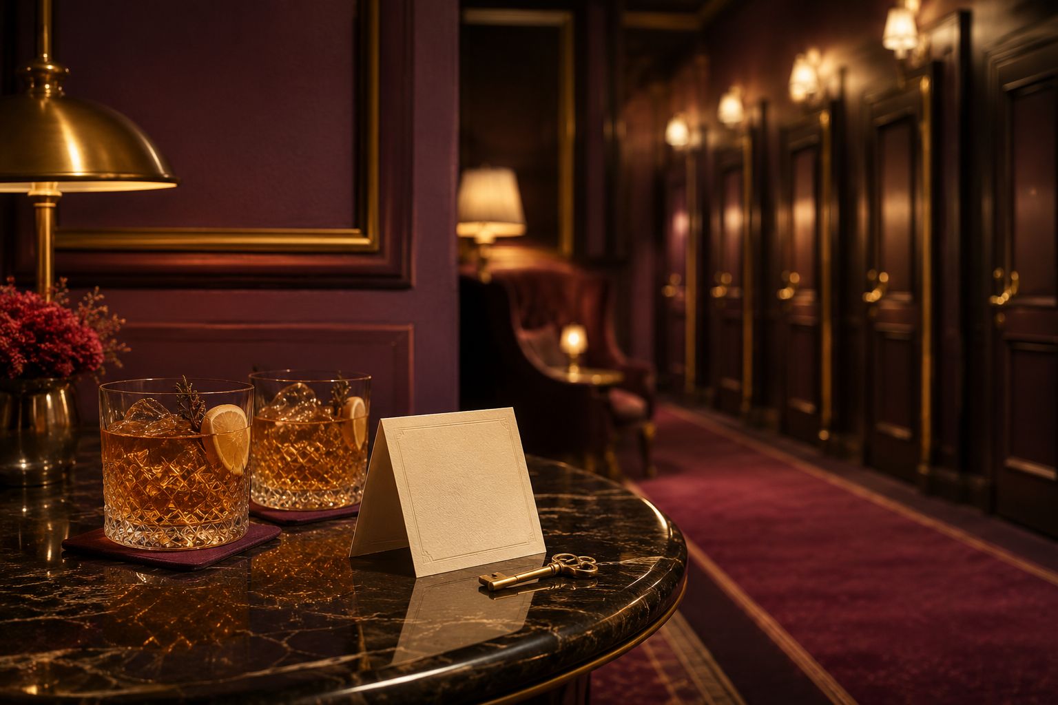 Deux verres sur un bar et couloir feutré aux portes fermées dans un club aux tons aubergine et or