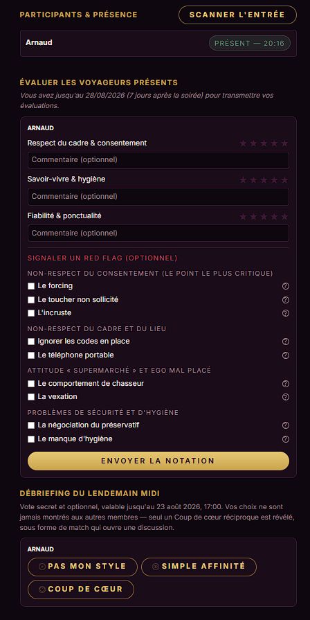 Écran d'après-soirée : présence scannée d'Arnaud, formulaire d'évaluation à trois critères, red flags groupés par famille, puis le Débriefing du Lendemain Midi avec les trois boutons de vote