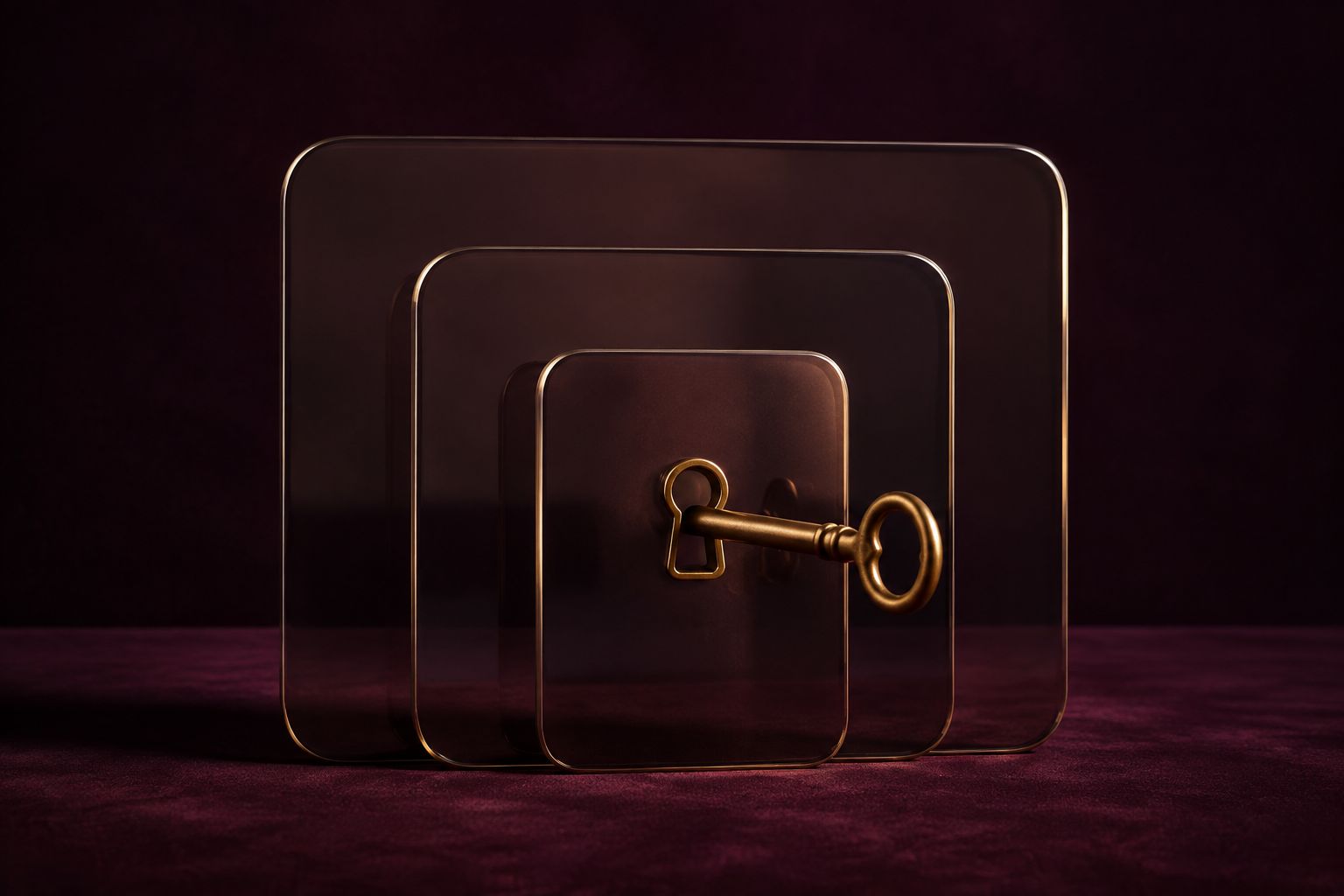 Cadres de verre fumé superposés et clé dorée symbolisant plusieurs niveaux d’accès à un album privé