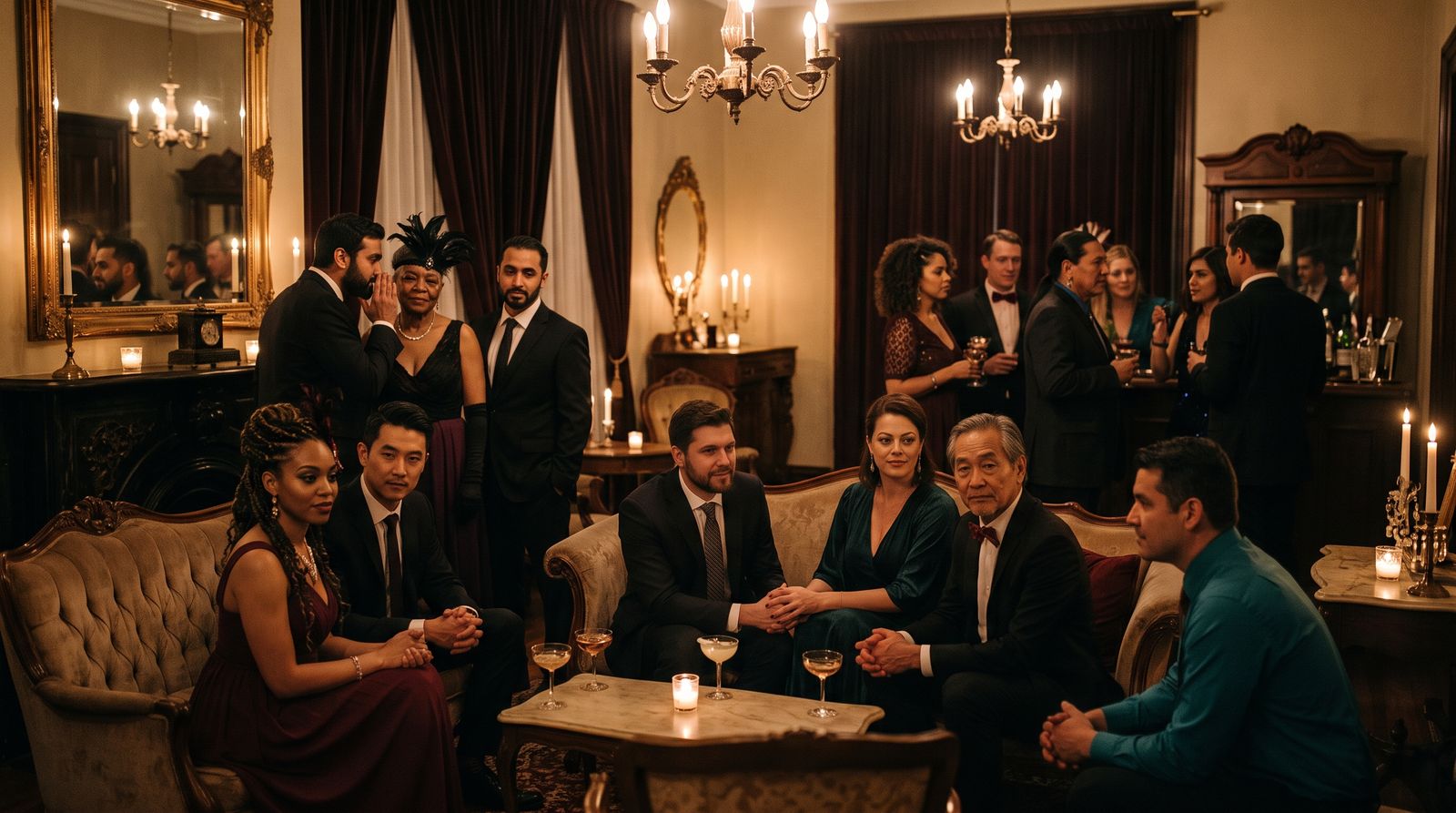 Salon feutré aux lumières basses, invités en tenue de soirée assis en conversation